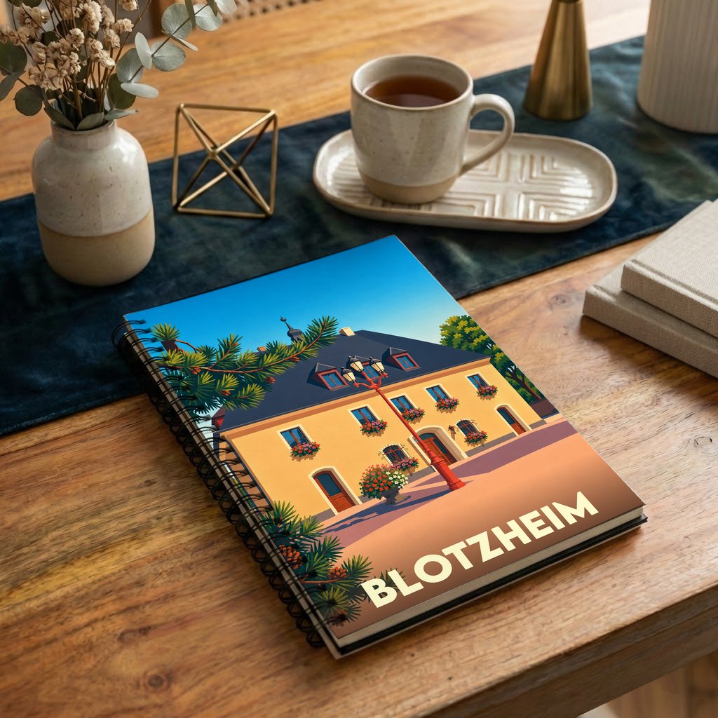 Carnet souvenir de la ville de Blotzheim avec une illustration stylisée d'un bâtiment fleuri.