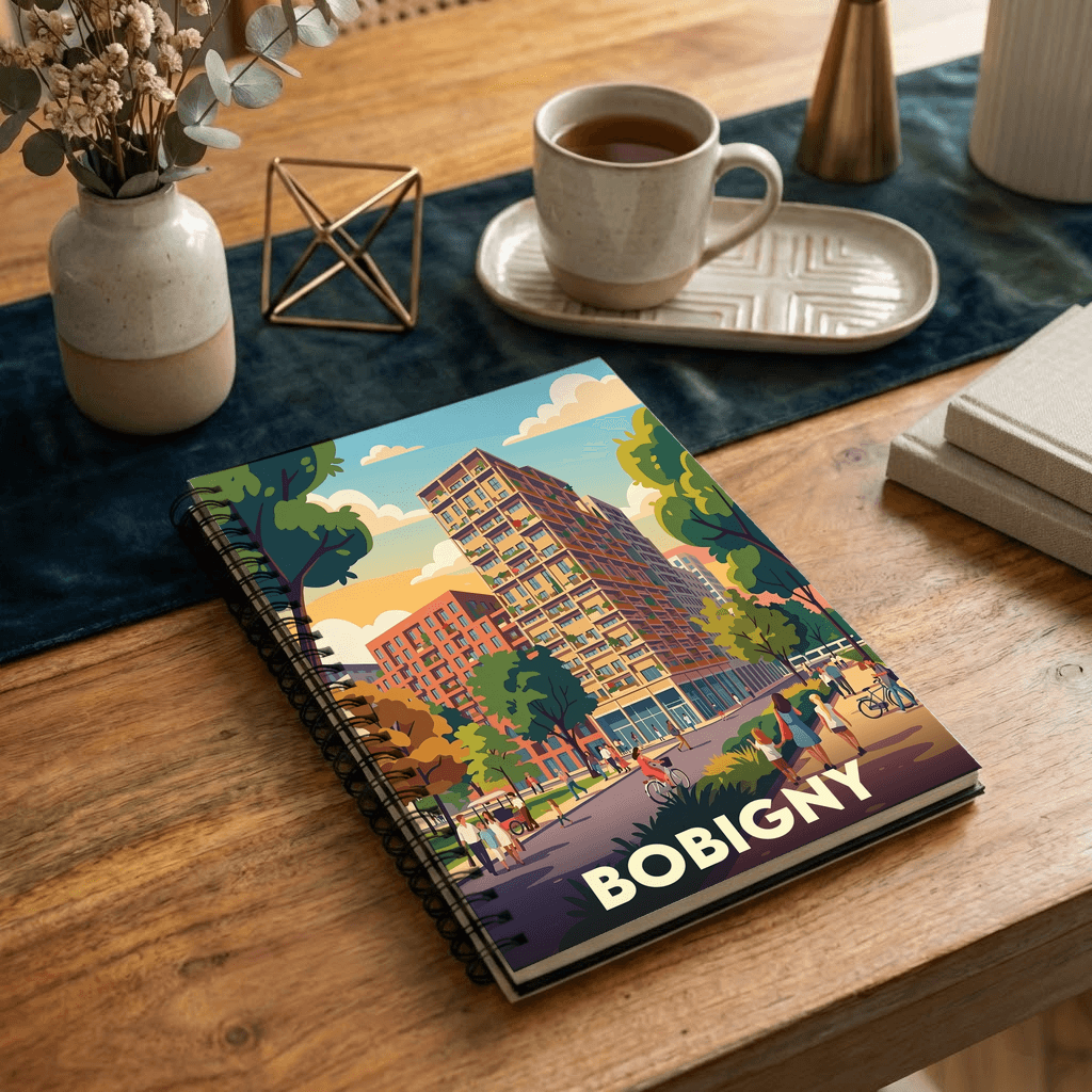 Carnet de notes souvenir de la ville de Bobigny avec une illustration urbaine stylisée et colorée.