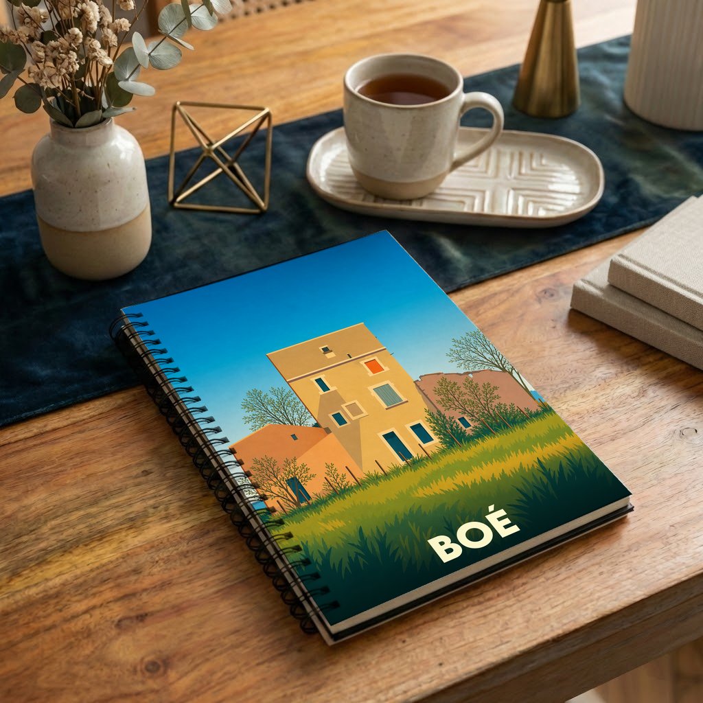 Carnet souvenir de la ville de Boé avec une illustration stylisée.