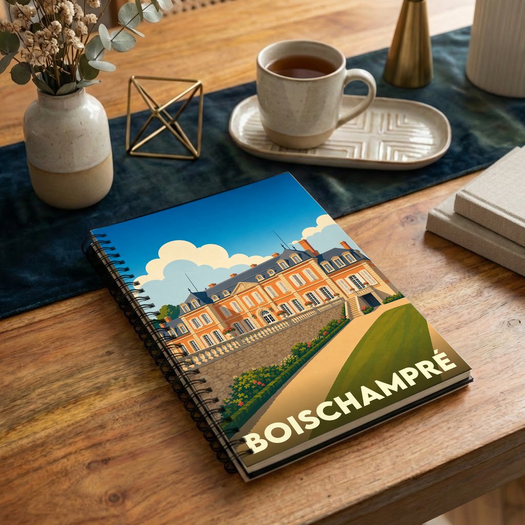 Carnet à spirales souvenir de la ville de Boischampré avec une illustration stylisée de son château.