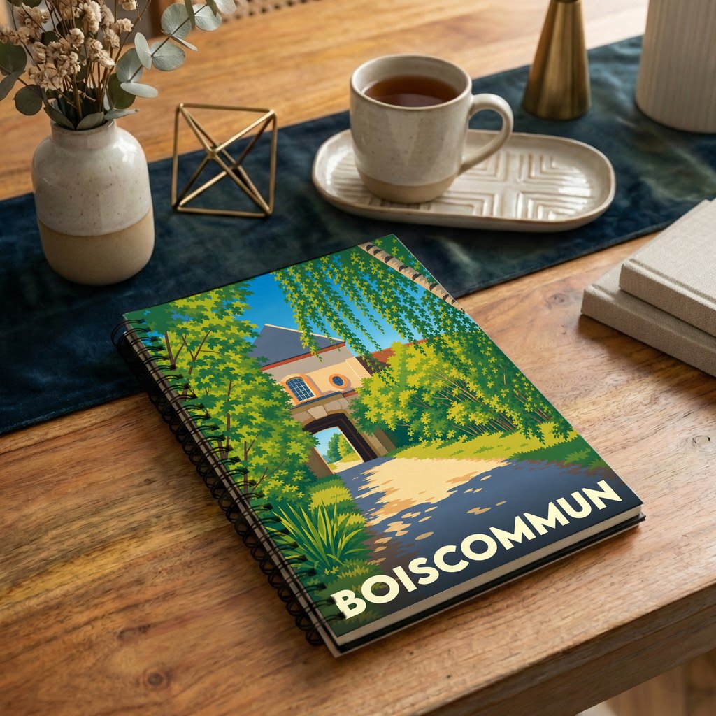 Carnet souvenir de la ville de Boiscommun avec une illustration stylisée.