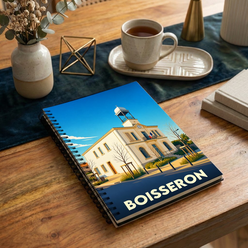 Carnet à spirales souvenir de la ville de Boisseron avec une illustration stylisée de sa mairie.