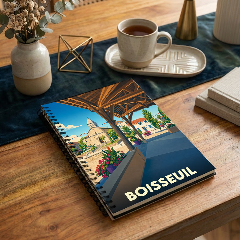 Carnet à spirales souvenir de la ville de Boisseuil avec une illustration stylisée de sa place centrale.