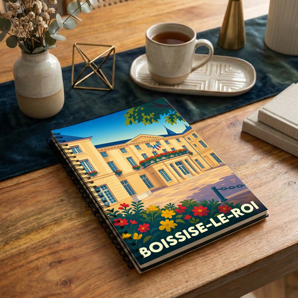 Carnet souvenir de la ville de Boissise-le-Roi avec une illustration stylisée de sa mairie fleurie.
