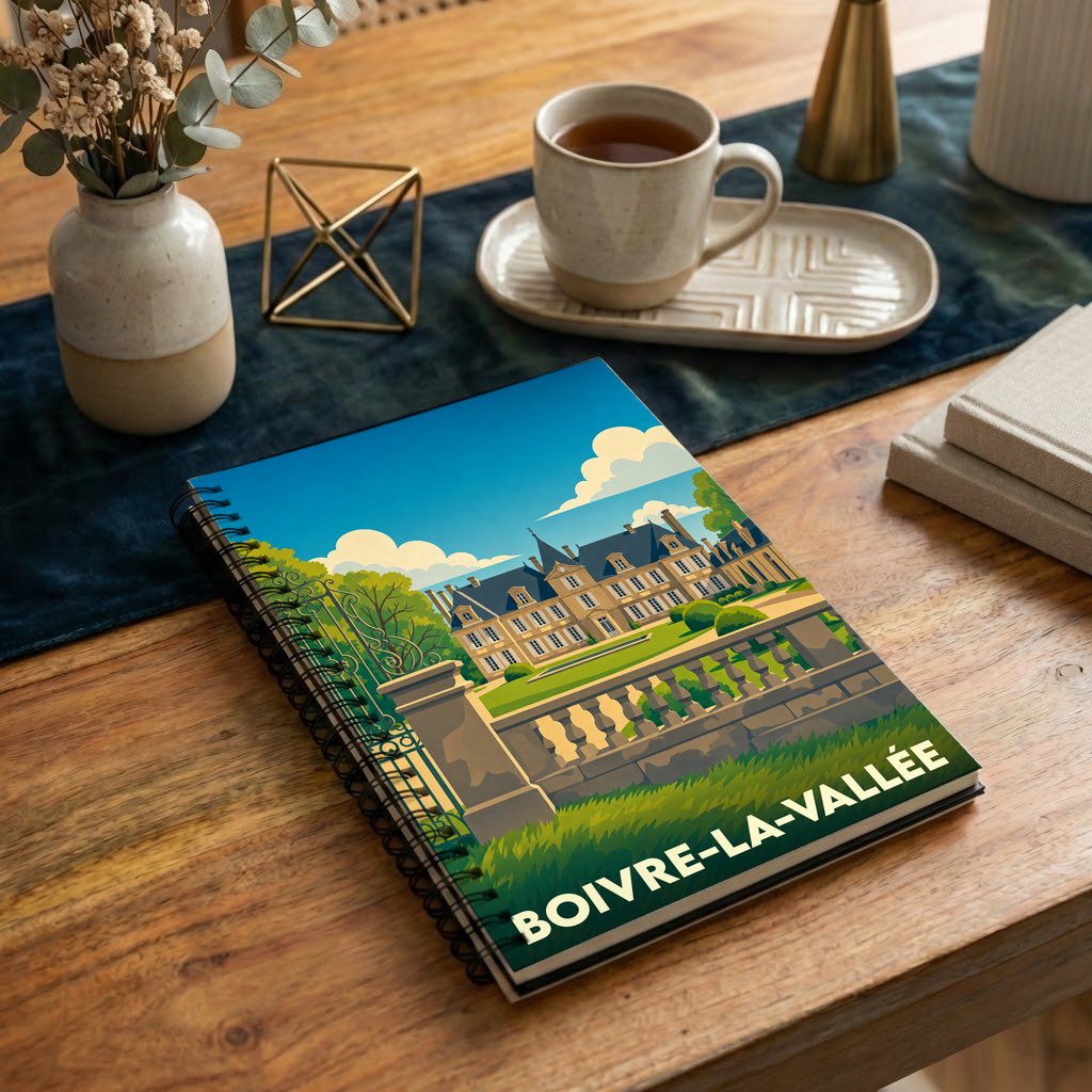 Carnet à spirales souvenir de la ville de Boivre-la-Vallée avec une illustration stylisée d'un château.
