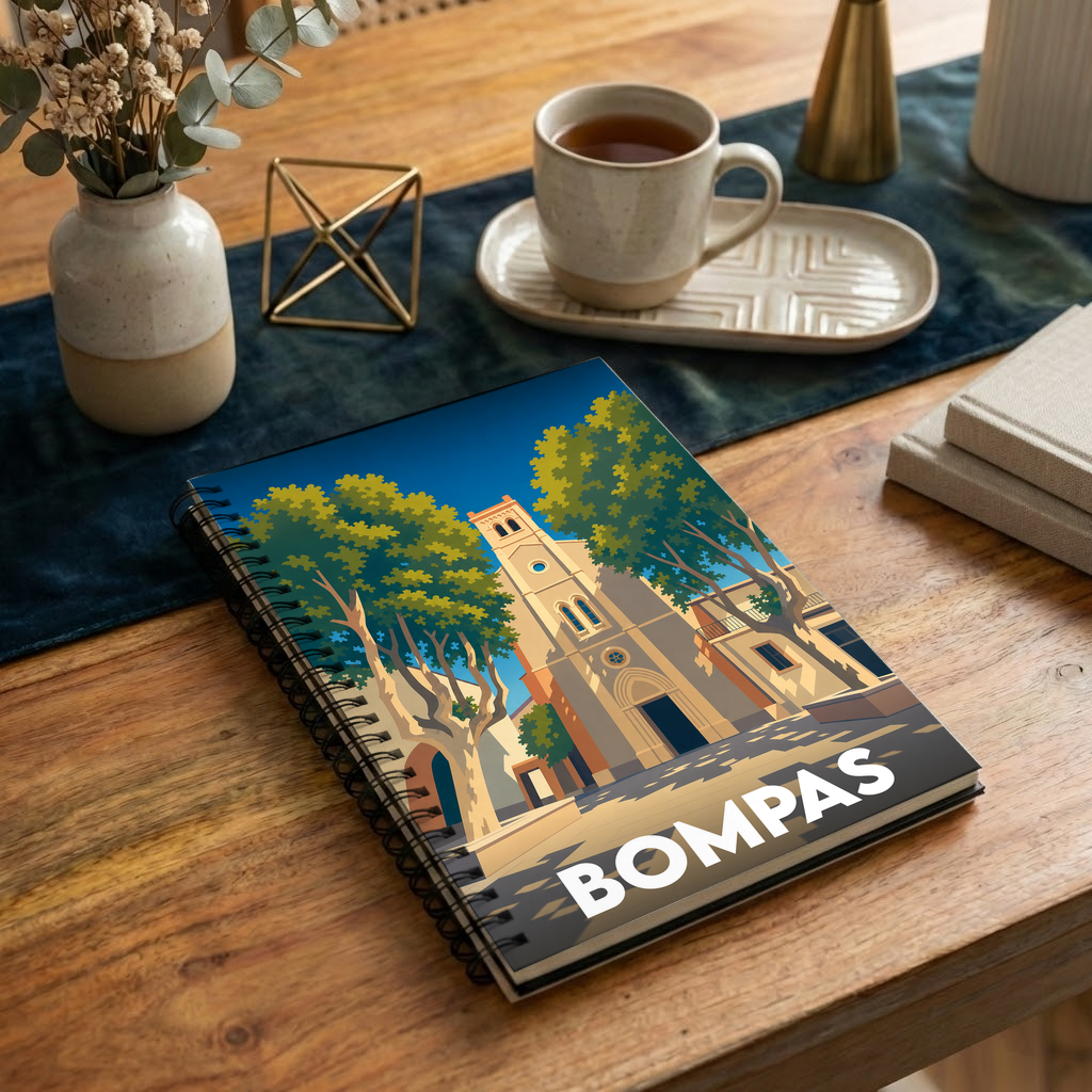 Carnet souvenir de la ville de Bompas avec une illustration stylisée de son église et de ses platanes.