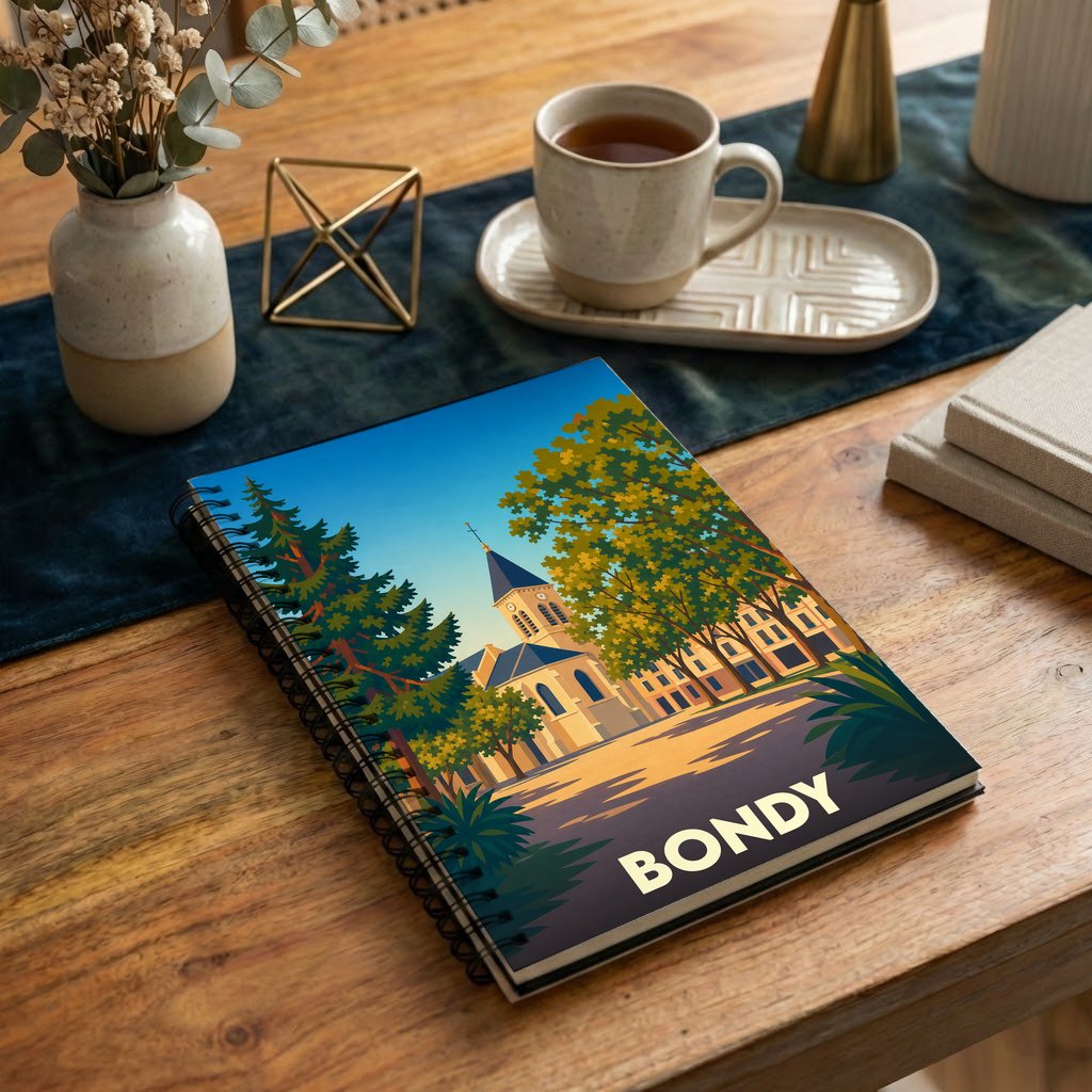 Carnet de notes souvenir de la ville de Bondy avec une illustration stylisée de son église et de ses arbres.
