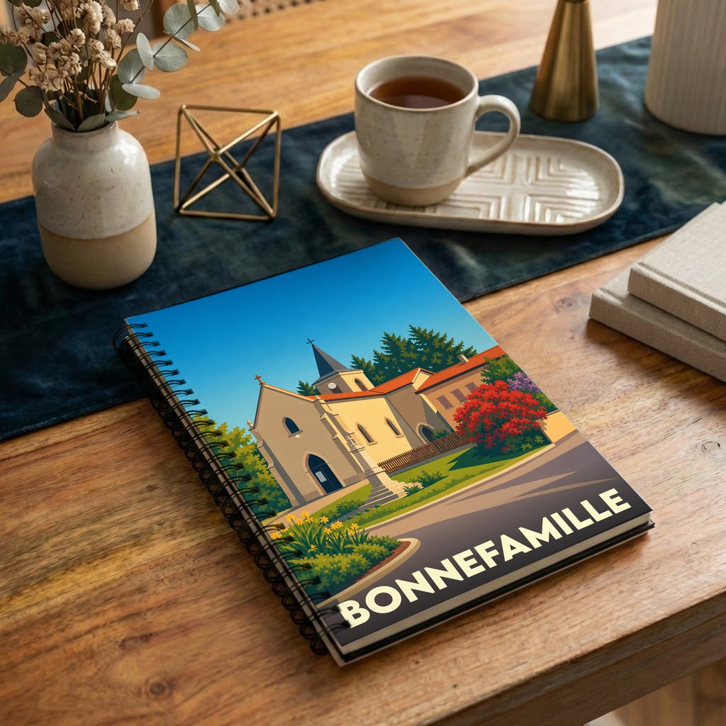 Carnet souvenir de la ville de Bonnefamille avec une illustration stylisée de son église.