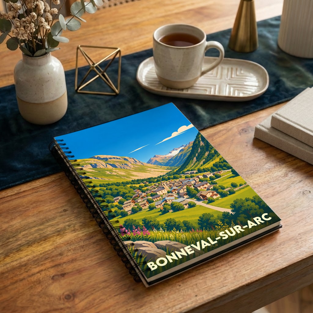 Carnet à spirales souvenir de la ville de Bonneval-sur-Arc avec une illustration stylisée de montagne.