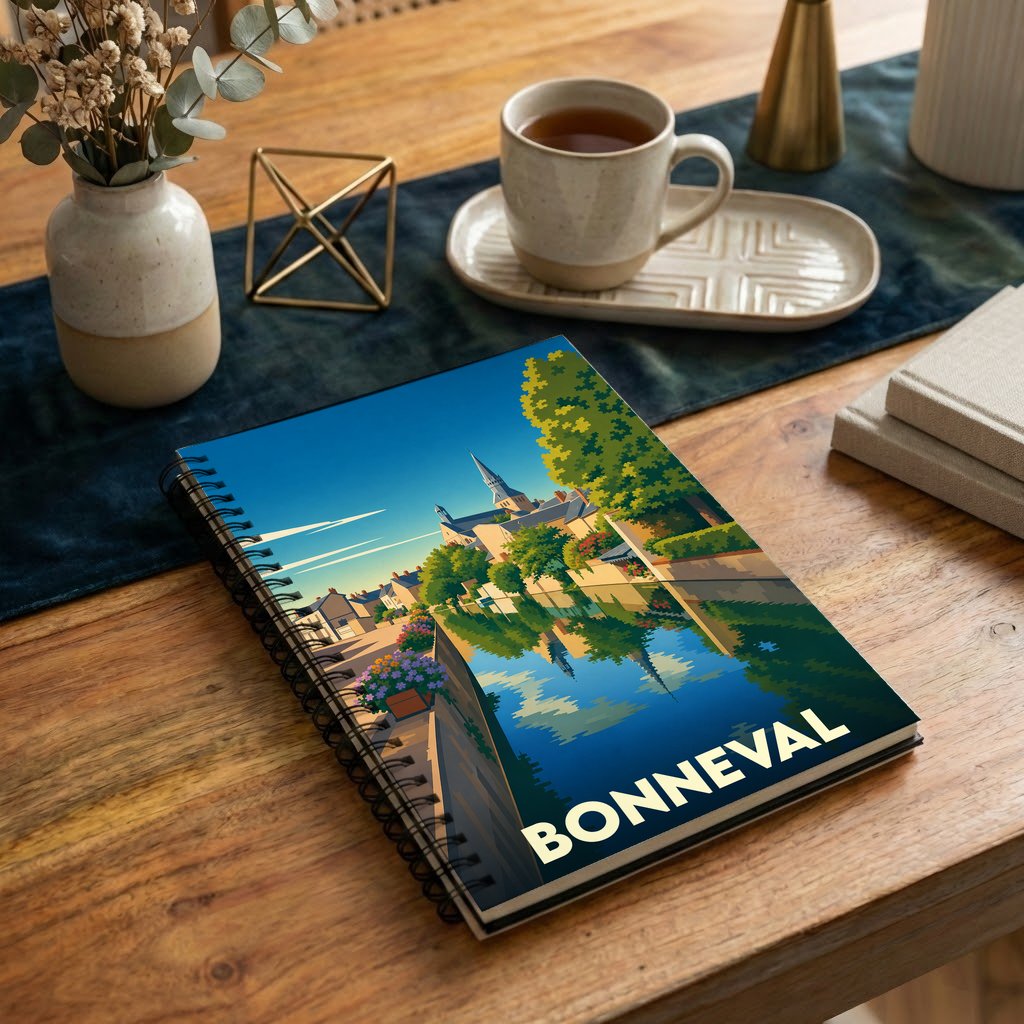 Carnet à spirales souvenir de la ville de Bonneval avec une illustration stylisée de ses canaux.