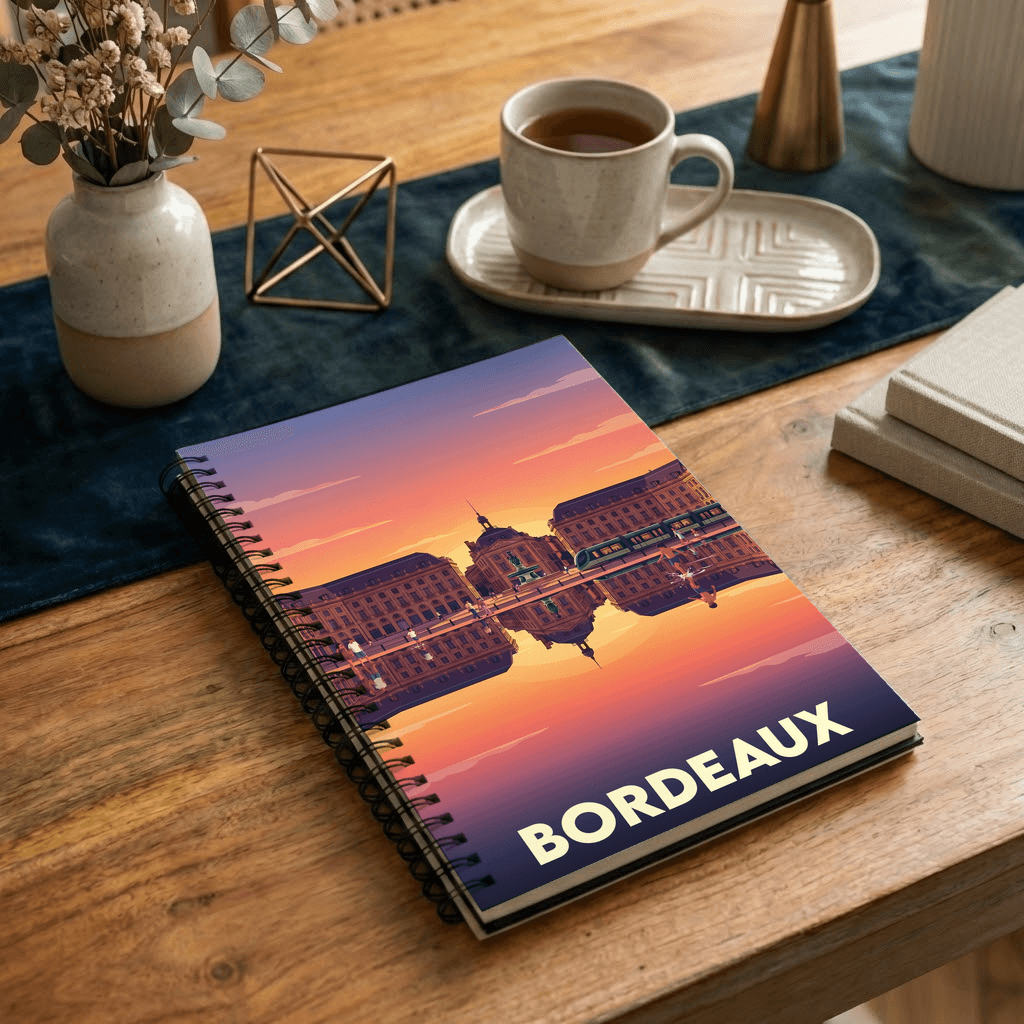 Carnet souvenir de la ville de Bordeaux avec une illustration stylisée de la Place de la Bourse.