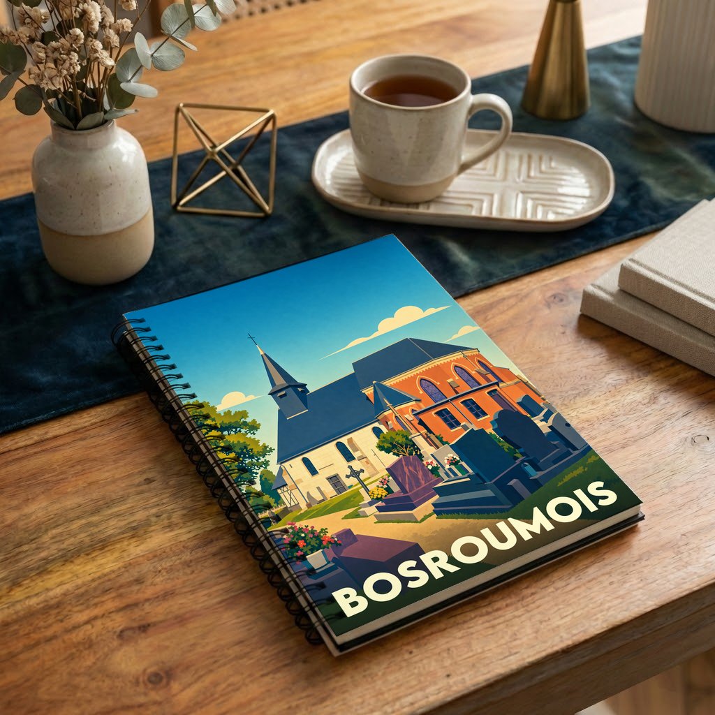 Carnet souvenir de la ville de Bosroumois avec une illustration stylisée de son église et de son cimetière.