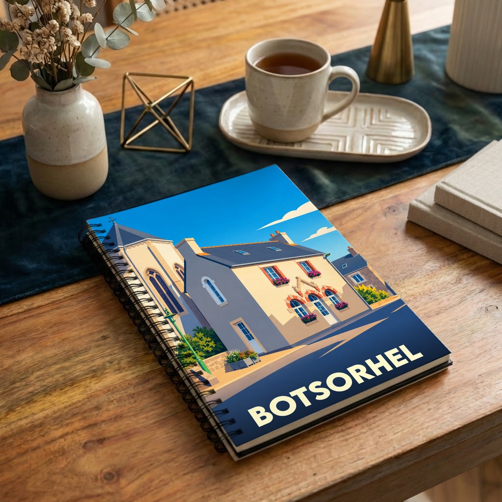 Carnet de notes souvenir de la ville de Botsorhel avec une illustration stylisée d'un bâtiment breton.