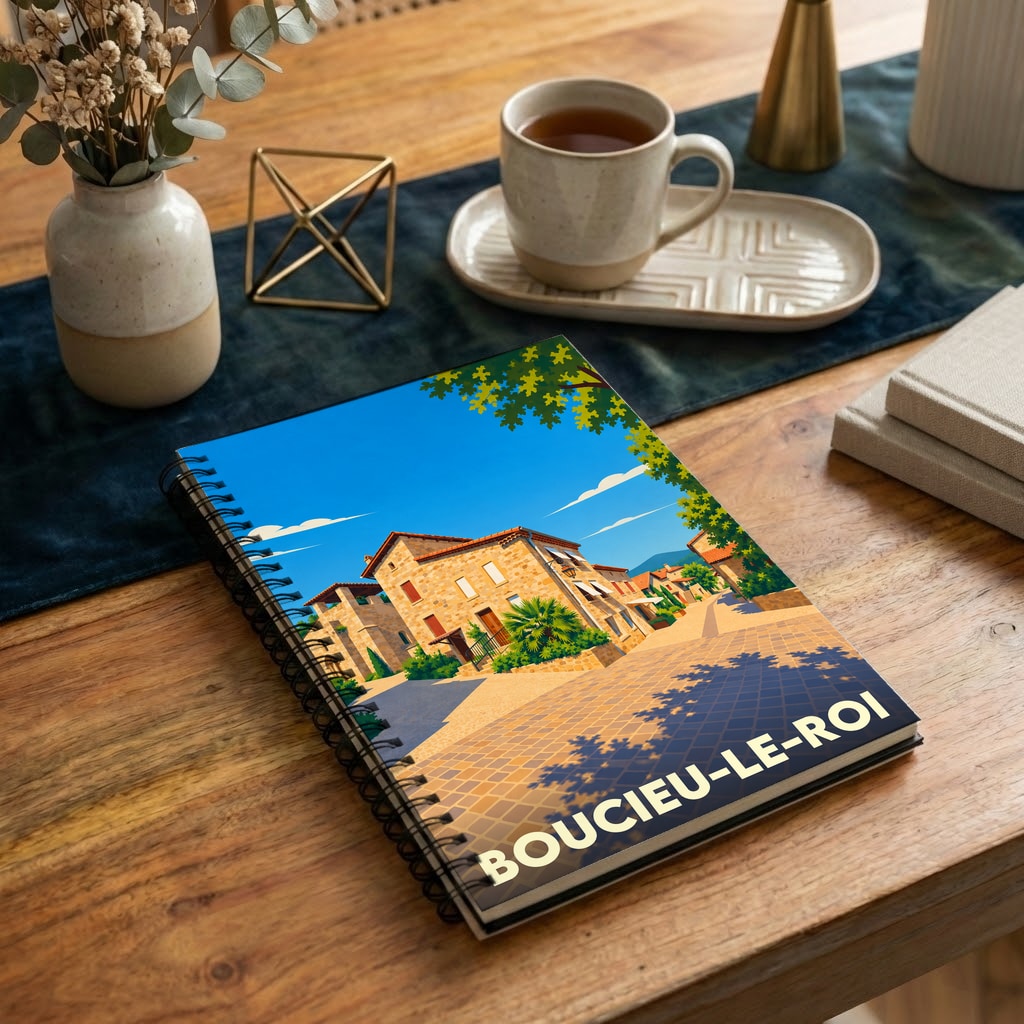 Carnet à spirales souvenir de la ville de Boucieu-le-Roi avec une illustration stylisée.