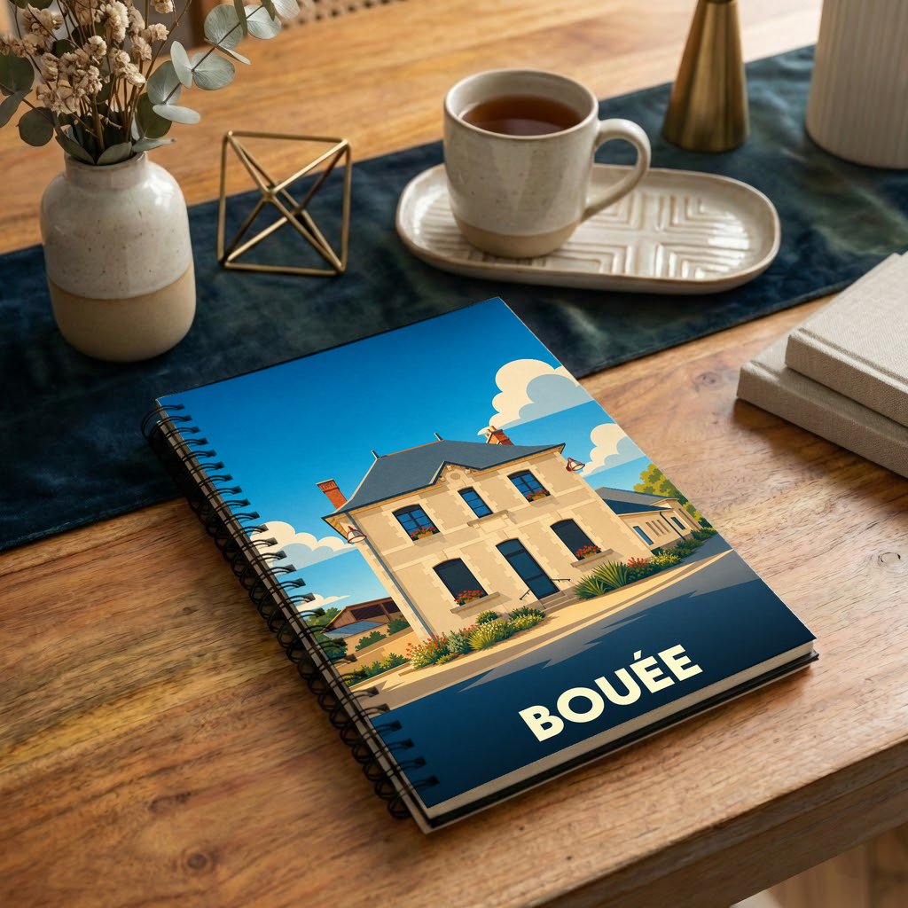 Carnet souvenir de la ville de Bouée avec une illustration stylisée d'une maison traditionnelle.