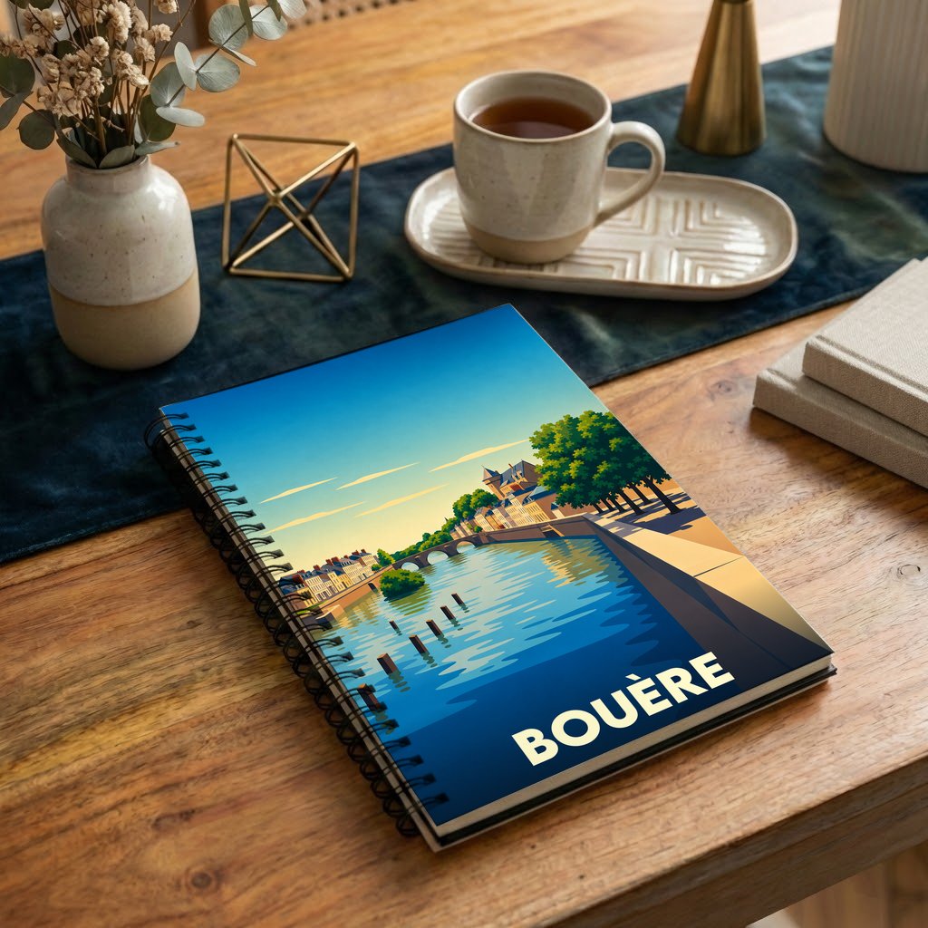Carnet souvenir de la ville de Bouère avec une illustration stylisée représentant un quai en bord de rivière.