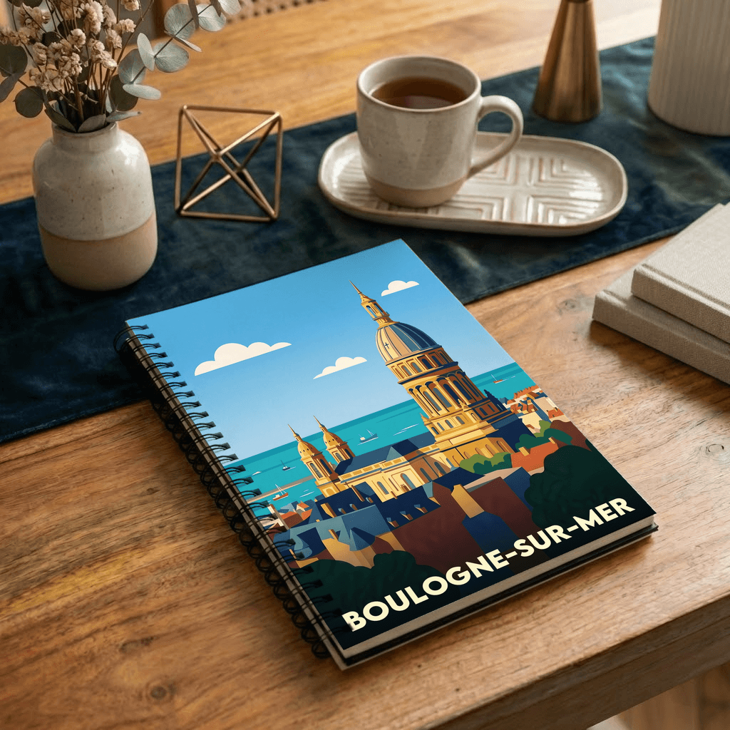 Carnet souvenir de la ville de Boulogne-sur-Mer avec une illustration stylisée.