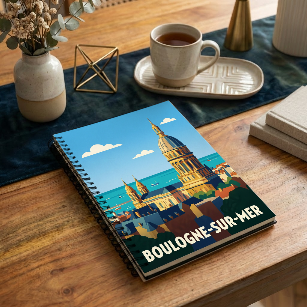 Carnet souvenir de la ville de Boulogne-sur-Mer avec une illustration stylisée.