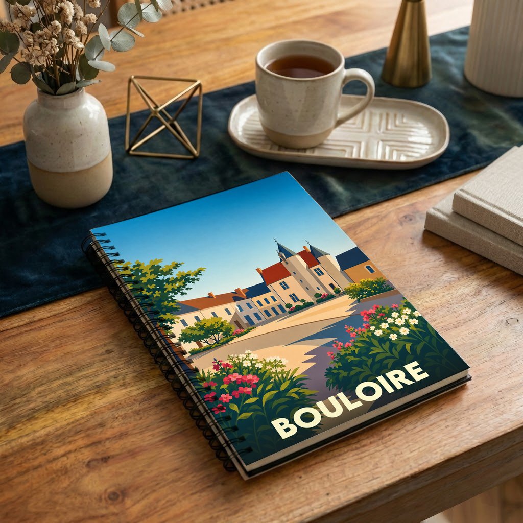 Carnet à spirales souvenir de la ville de Bouloire avec une illustration stylisée et colorée.