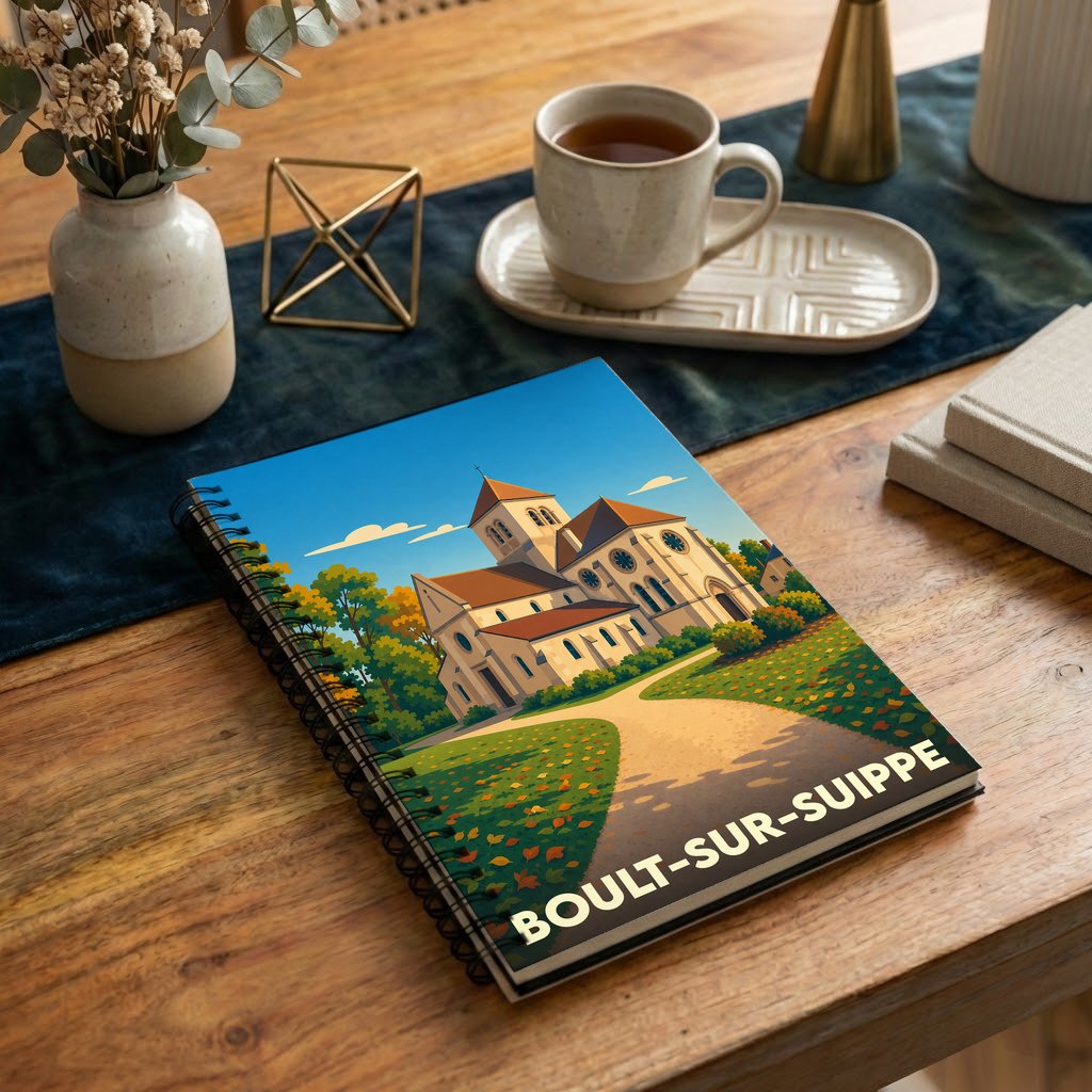 Carnet souvenir de la ville de Boult-sur-Suippe avec une illustration stylisée de son église.