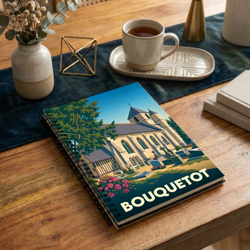 Carnet à spirales souvenir de la ville de Bouquetot avec une illustration stylisée de son église.
