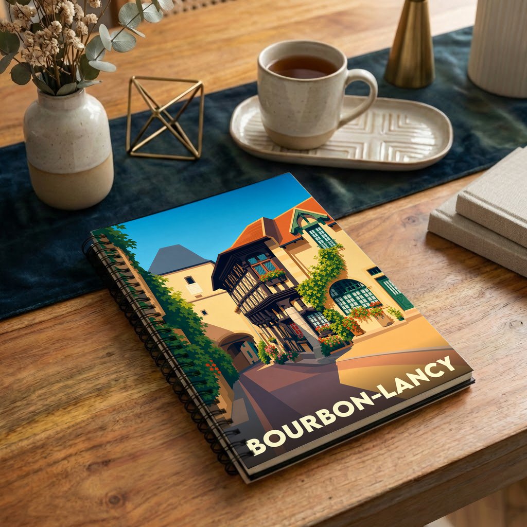 Carnet à spirales souvenir de la ville de Bourbon-Lancy avec une illustration stylisée de ses maisons à colombages.