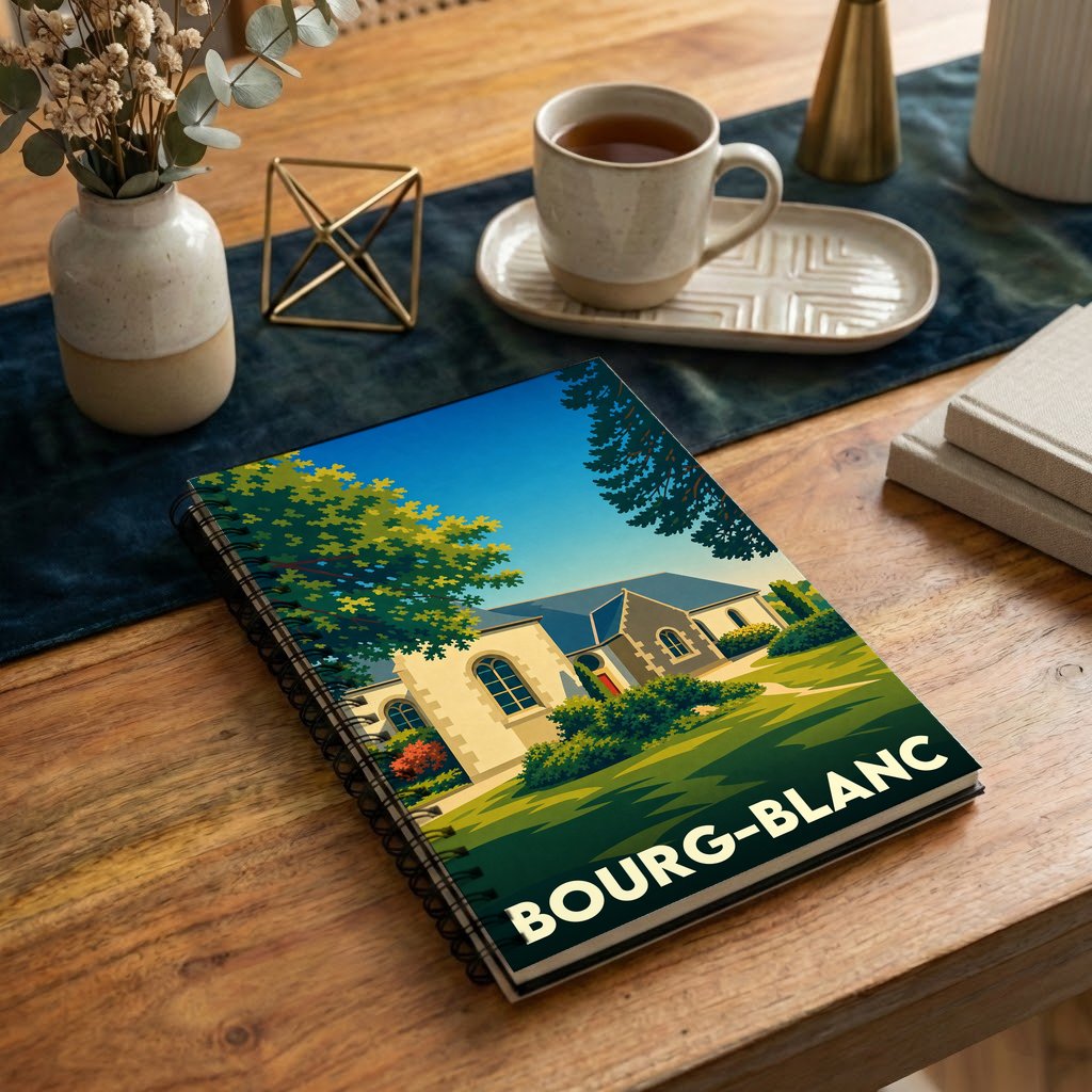 Carnet souvenir de la ville de Bourg-Blanc avec une illustration stylisée.