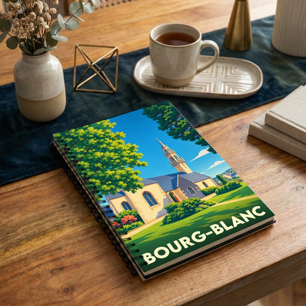 Carnet souvenir de la ville de Bourg-Blanc avec une illustration stylisée de son église.