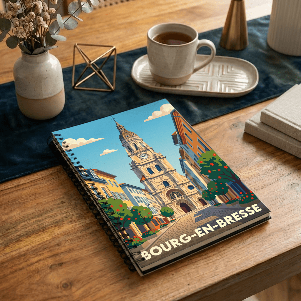 Carnet souvenir de la ville de Bourg-en-Bresse avec une illustration stylisée.