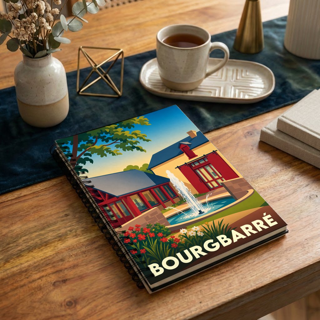 Carnet à spirales souvenir de la ville de Bourgbarré avec une illustration stylisée d'un paysage urbain fleuri avec fontaine.