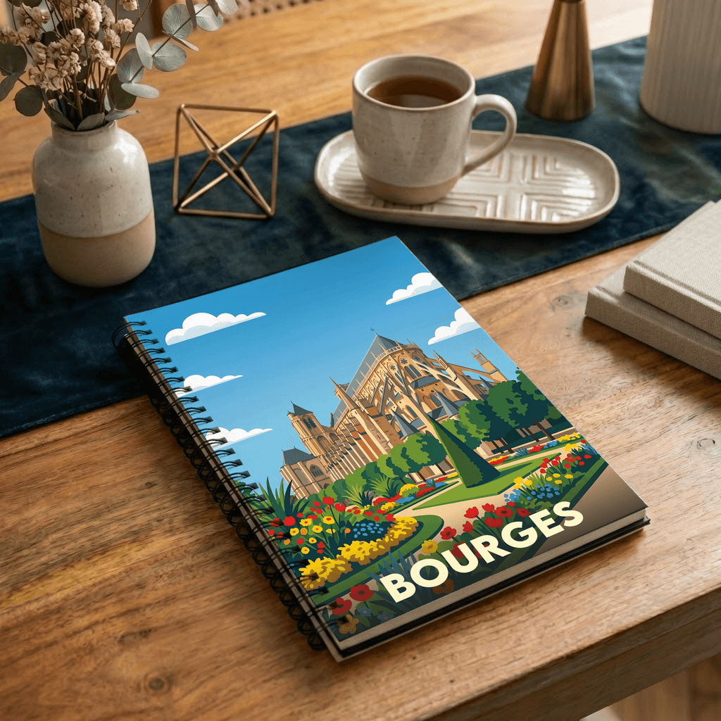 Carnet souvenir de la ville de Bourges avec une illustration stylisée de sa cathédrale et de ses jardins.
