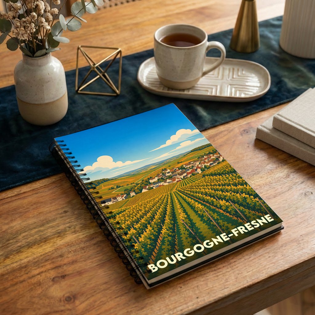 Carnet à spirale souvenir de Bourgogne-Fresne illustré d'un paysage de vignobles stylisé.