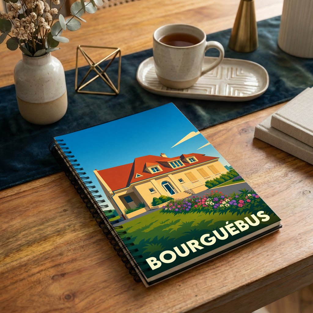 Carnet souvenir de la ville de Bourguébus avec une illustration stylisée d'une maison normande.