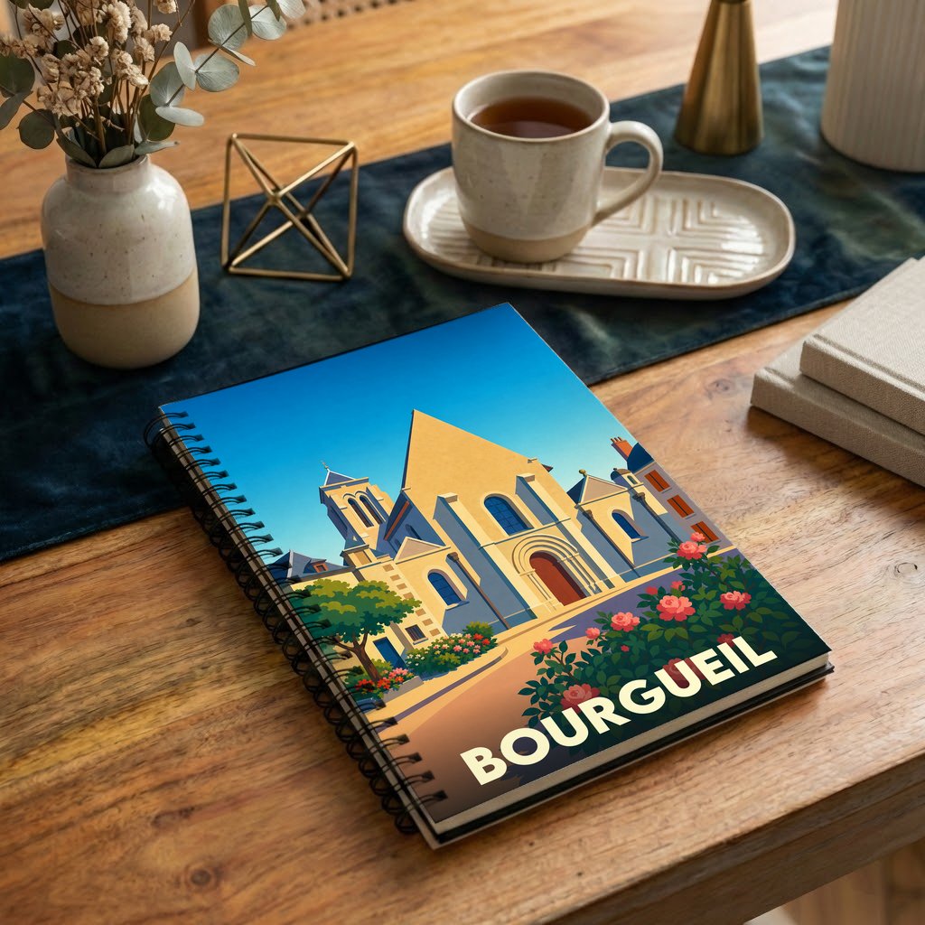 Carnet à spirales souvenir de la ville de Bourgueil avec une illustration stylisée de son église et de parterres de roses.
