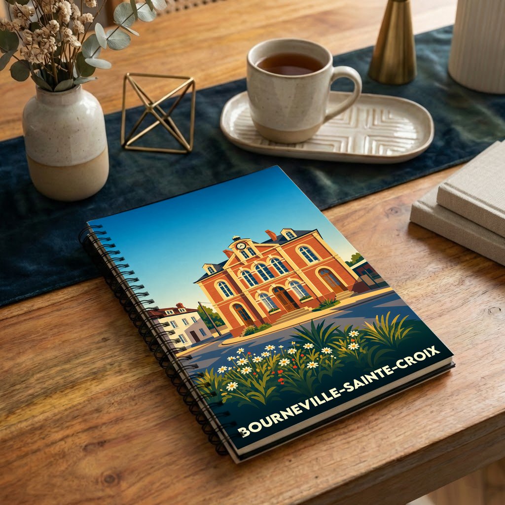Carnet à spirales souvenir de la ville de Bourneville-Sainte-Croix avec une illustration stylisée de son hôtel de ville.