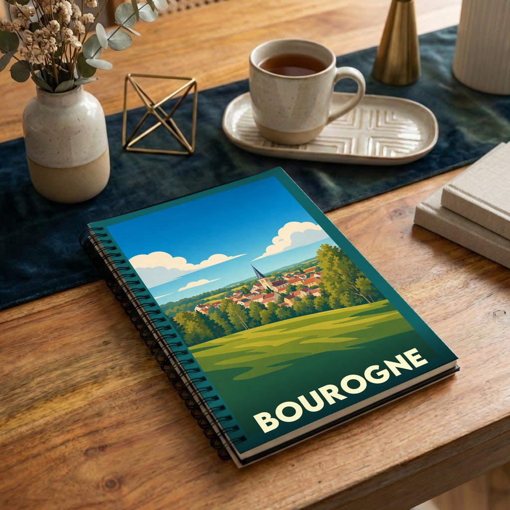 Carnet à spirales souvenir de la ville de Bourgogne avec une illustration de paysage stylisée.