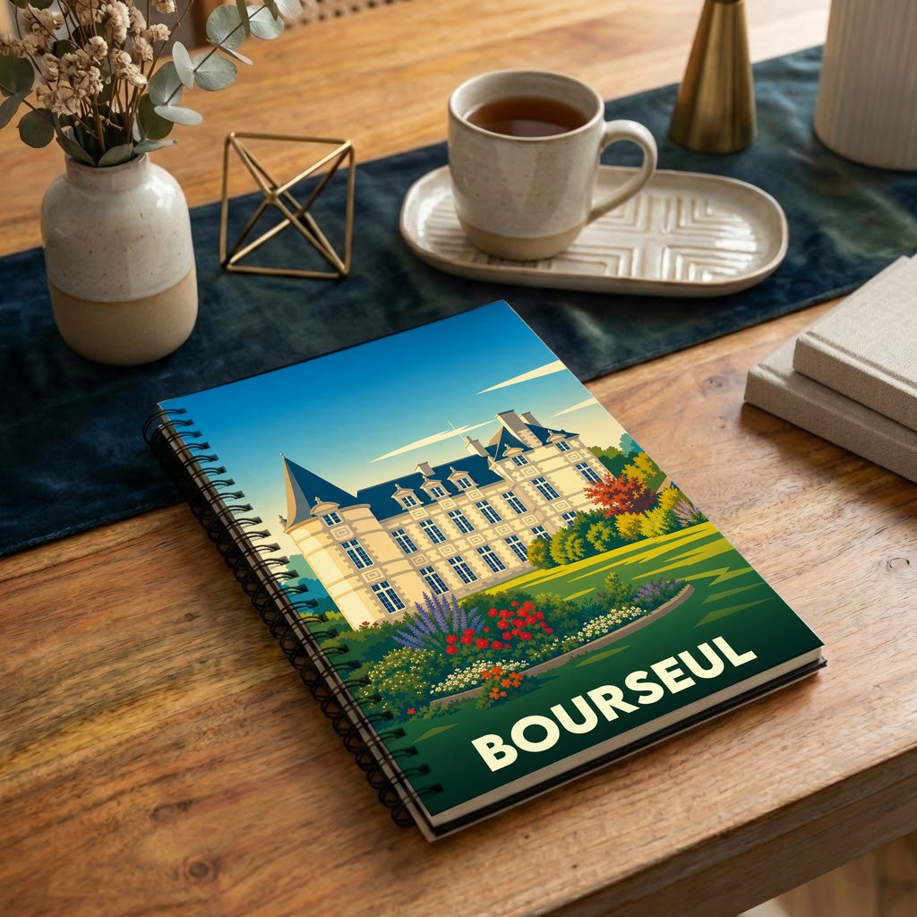 Carnet à spirale souvenir de la ville de Bourseul avec une illustration stylisée de château et de jardins.