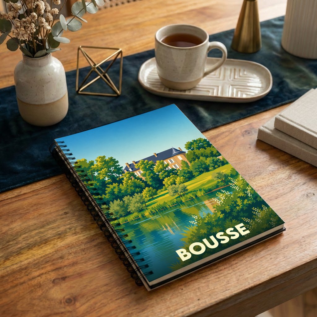 Carnet de notes souvenir de la ville de Bousse avec une illustration stylisée d'un château au bord de l'eau.
