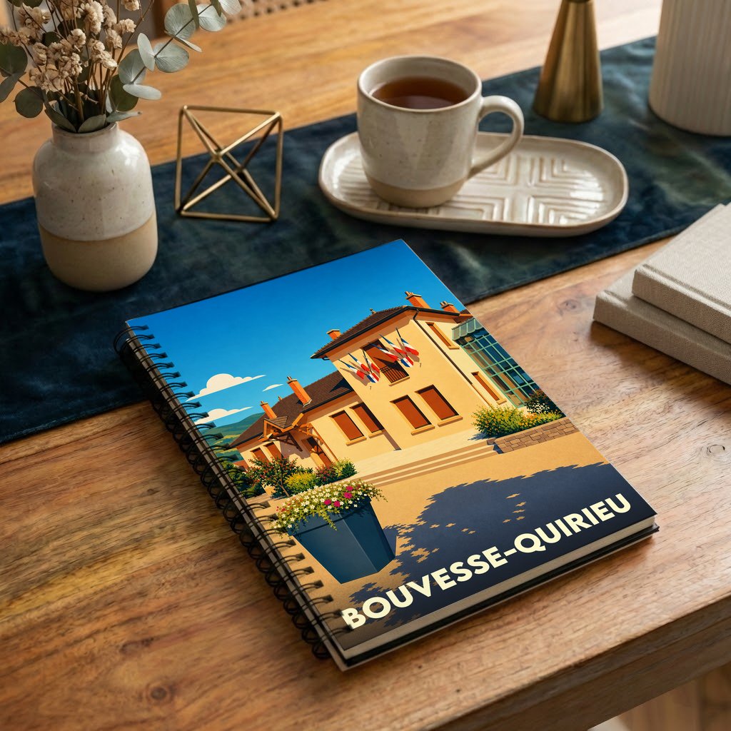 Carnet à spirales souvenir de la ville de Bouvesse-Quirieu avec une illustration stylisée de son patrimoine.