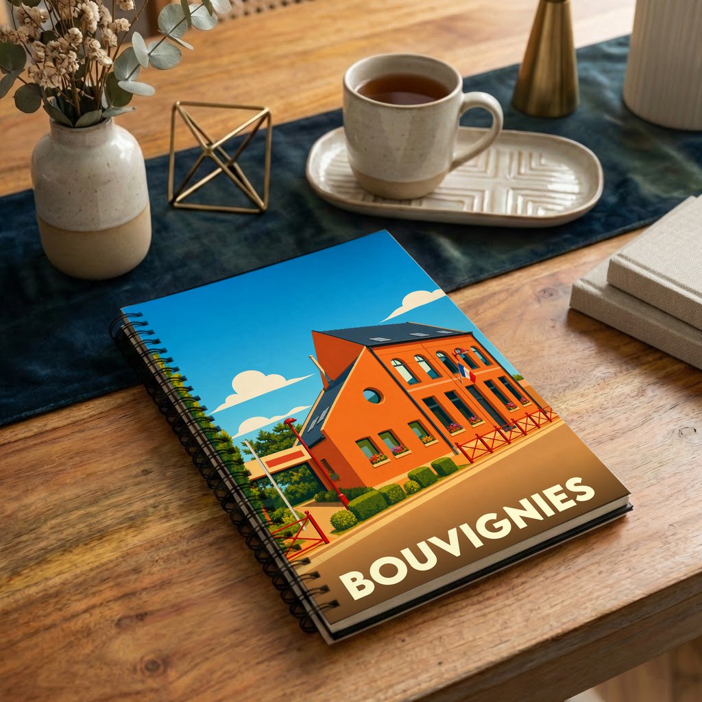 Carnet de notes à spirales souvenir de la ville de Bouvignies avec une illustration stylisée de sa mairie.