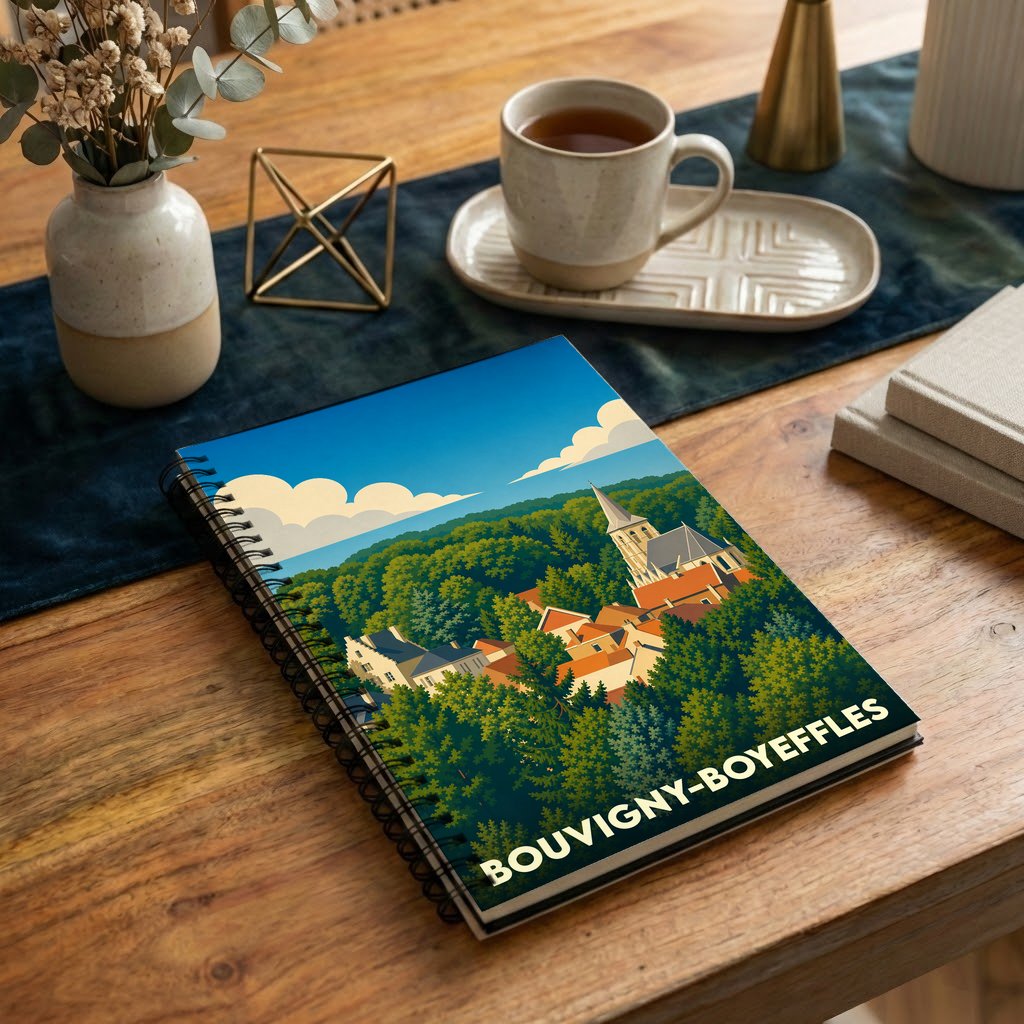 Carnet à spirales souvenir de la ville de Bouvigny-Boyeffles avec une illustration stylisée.