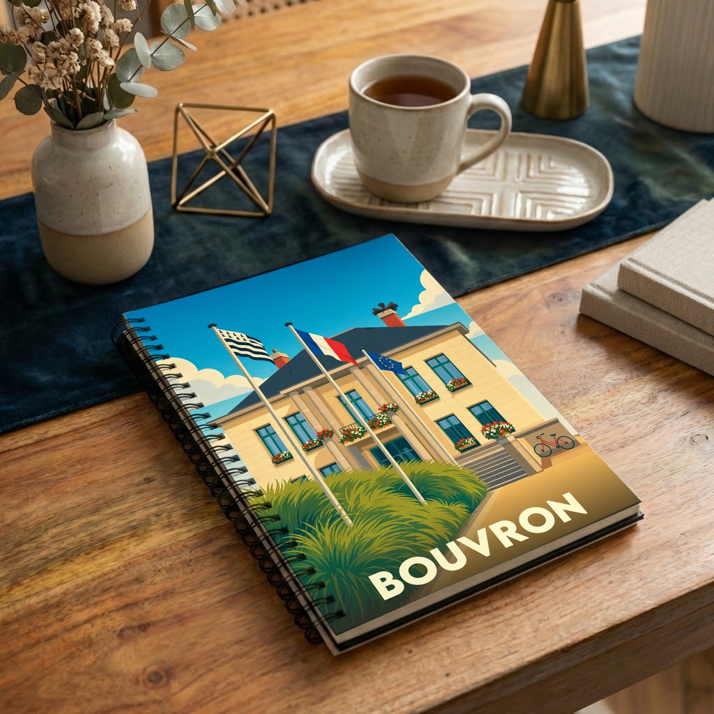 Carnet à spirales souvenir de la ville de Bouvron avec une illustration stylisée de la mairie.