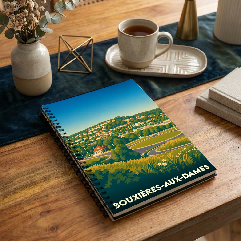 Carnet souvenir de la ville de Bouxières-aux-Dames avec une illustration de paysage stylisée.
