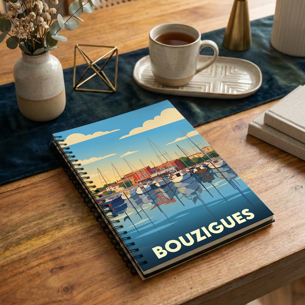 Carnet souvenir de la ville de Bouzigues avec une illustration stylisée de son port.