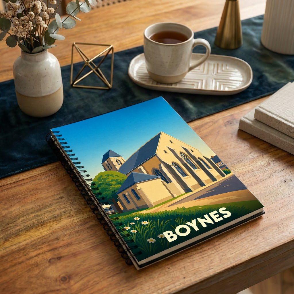Carnet à spirales souvenir de la ville de Boynes avec une illustration stylisée de son église.