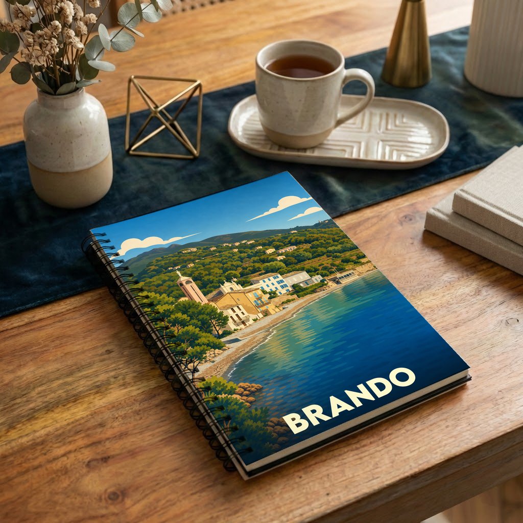 Carnet souvenir de la ville de Brando orné d'une illustration stylisée de son littoral.