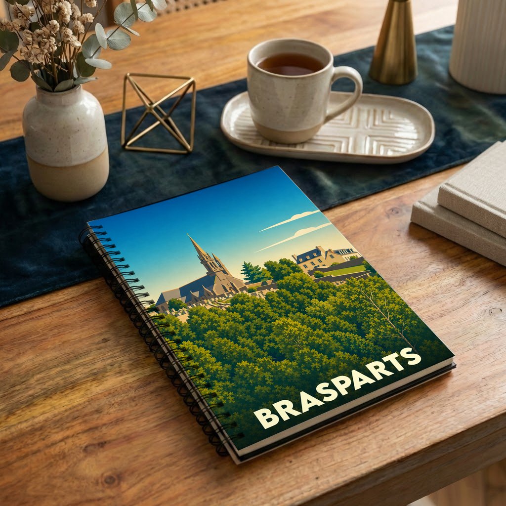 Carnet à spirales souvenir de la ville de Brasparts avec une illustration stylisée de son église émergeant de la forêt.