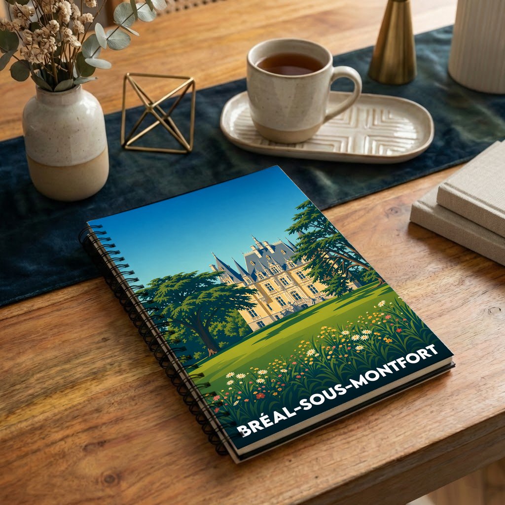 Carnet à spirales souvenir de Bréal-sous-Montfort illustré d'un château majestueux et de jardins fleuris.