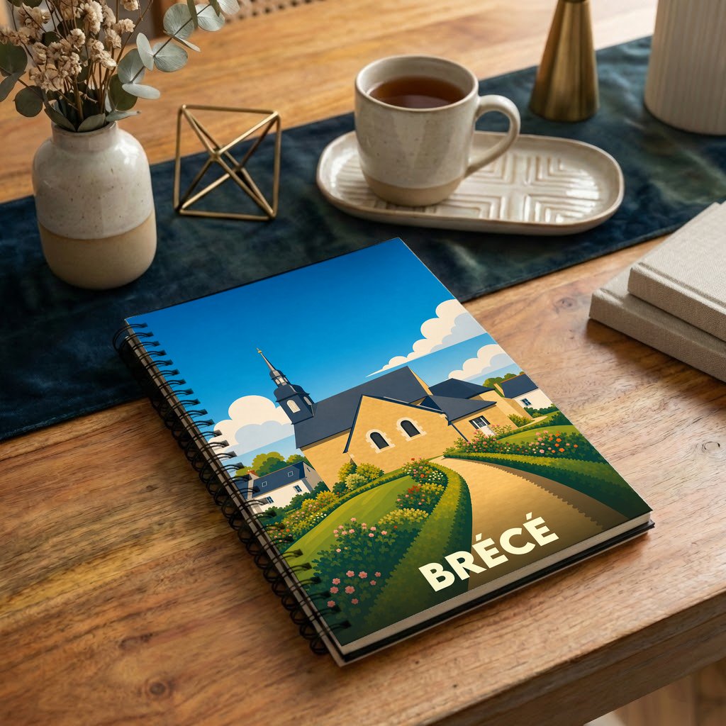 Carnet souvenir de la ville de Brécé avec une illustration stylisée de son église et de ses jardins.