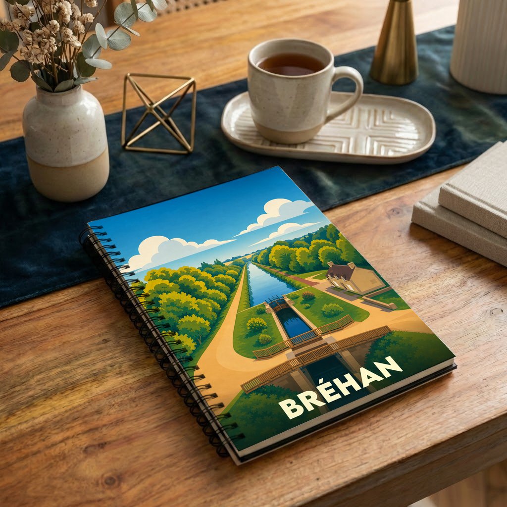 Carnet de notes souvenir de la ville de Bréhan avec une illustration stylisée représentant un canal et son écluse.